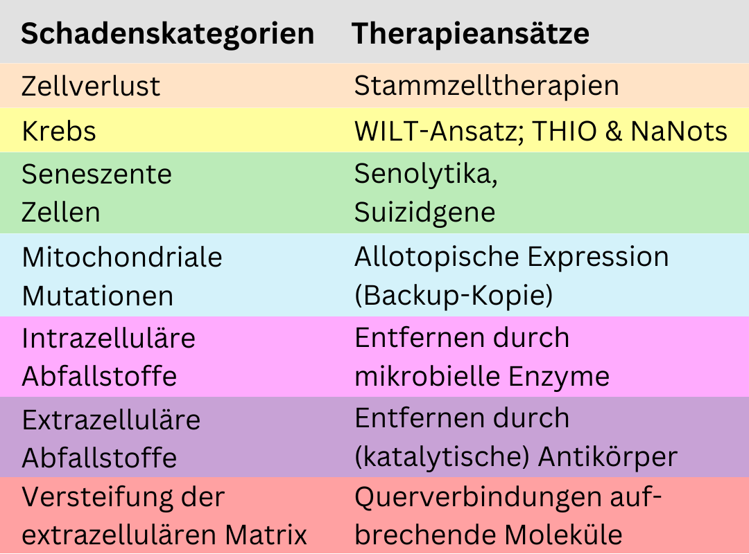 Eine Tabelle zum Reparaturansach nach Aubrey de Grey: Zeigt die verschiedenen Kategorien an Schäden, die sich mit dem Alter anhäufen und dazu passende Verjüngungstherapien.